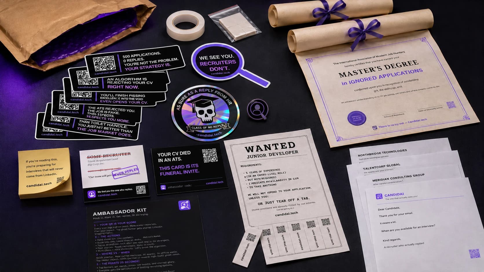 The complete CandidAI Ambassador Kit with QR cards, stickers, posters, rejection letters, diploma, and campaign materials